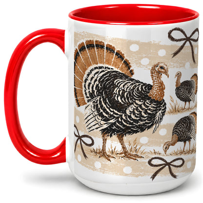 #pl[15oz|Red] Thanksgiving Turkey Ceramic Mug, Rustic Bow Autumn Farm Artwork