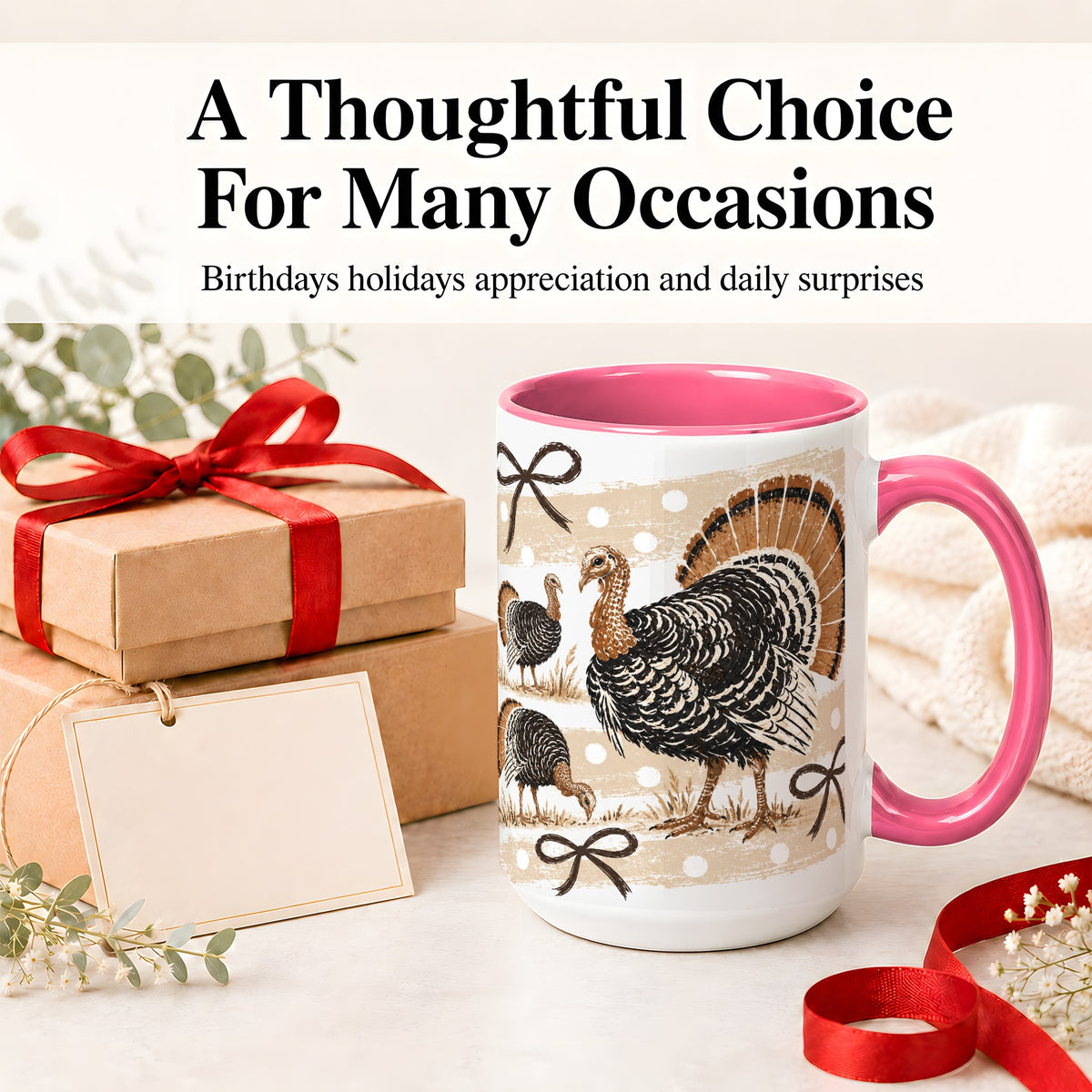 #pl[15oz|Pink] Thanksgiving Turkey Ceramic Mug, Rustic Bow Autumn Farm Artwork