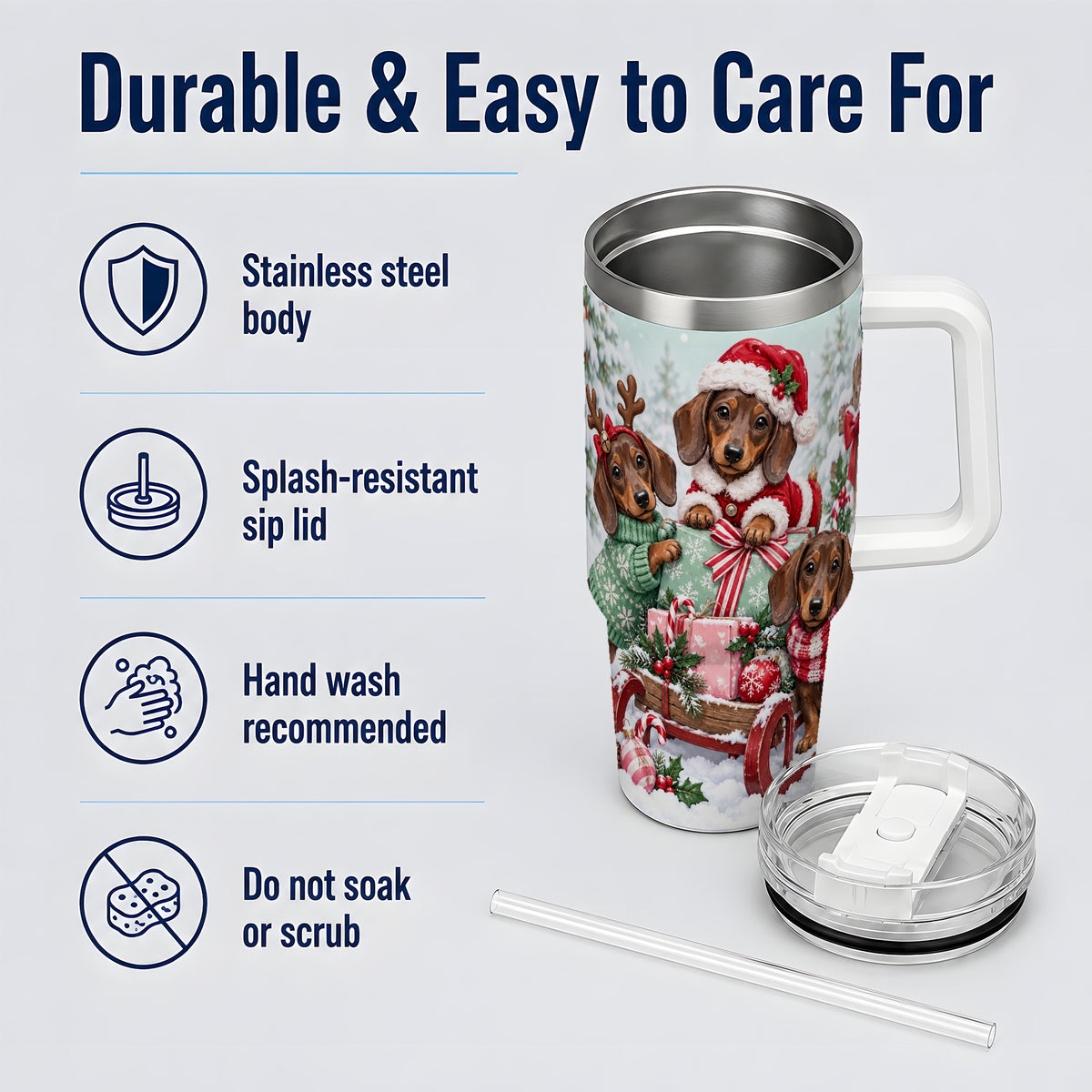#pl[40oz|White] Christmas Dachshund 40oz Tumbler, Winter Sled Design for Dog Lovers