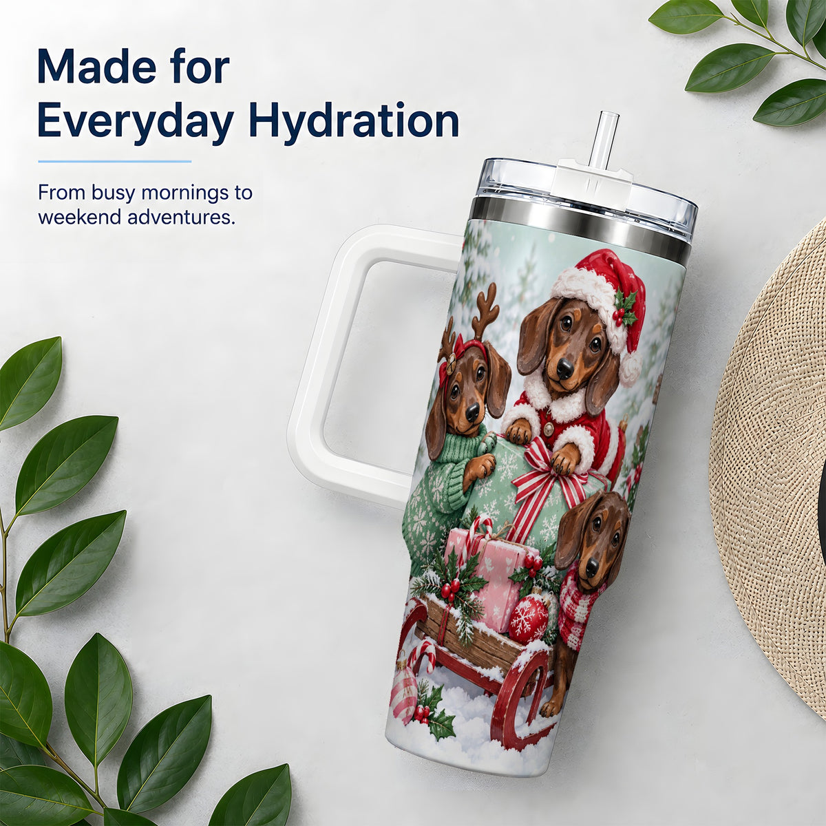 #pl[40oz|White] Christmas Dachshund 40oz Tumbler, Winter Sled Design for Dog Lovers