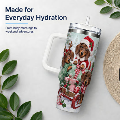 #pl[40oz|White] Christmas Dachshund 40oz Tumbler, Winter Sled Design for Dog Lovers