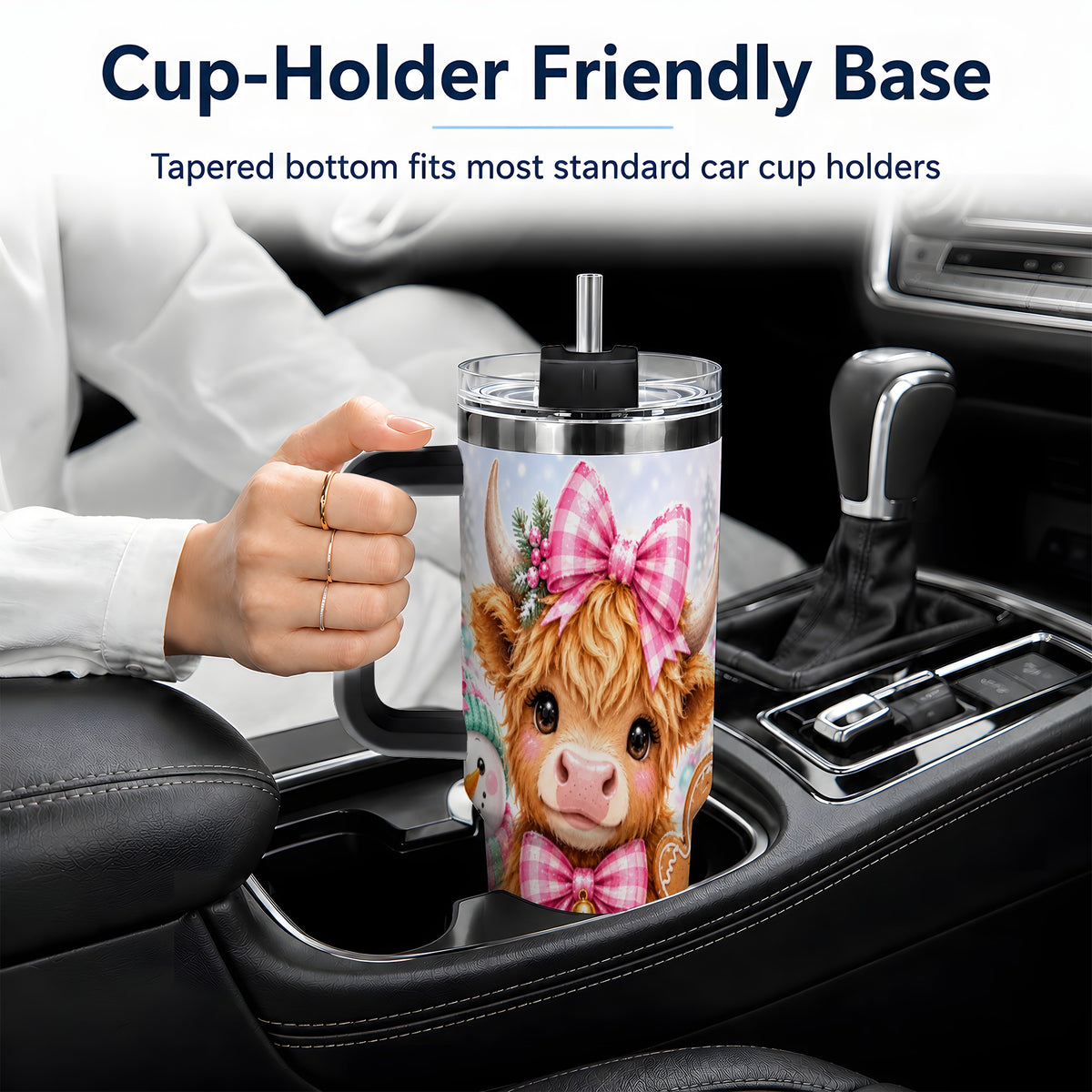 #pl[40oz|Black] Pink Highland Cow Christmas 40oz Tumbler, Snowman Gingerbread Design