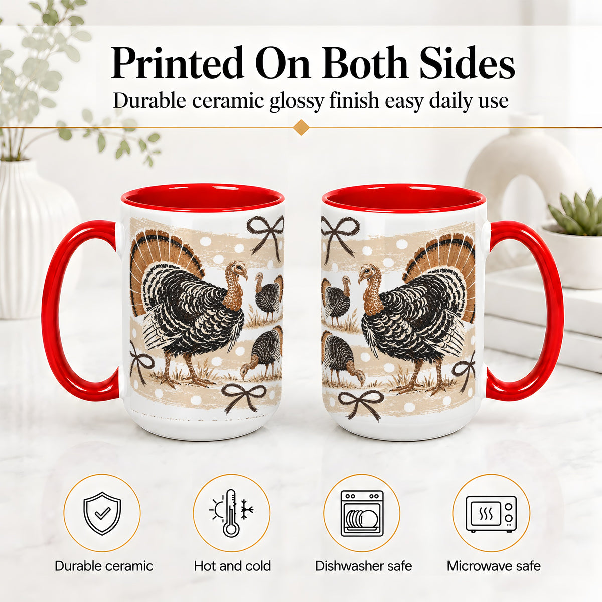 #pl[15oz|Red] Thanksgiving Turkey Ceramic Mug, Rustic Bow Autumn Farm Artwork