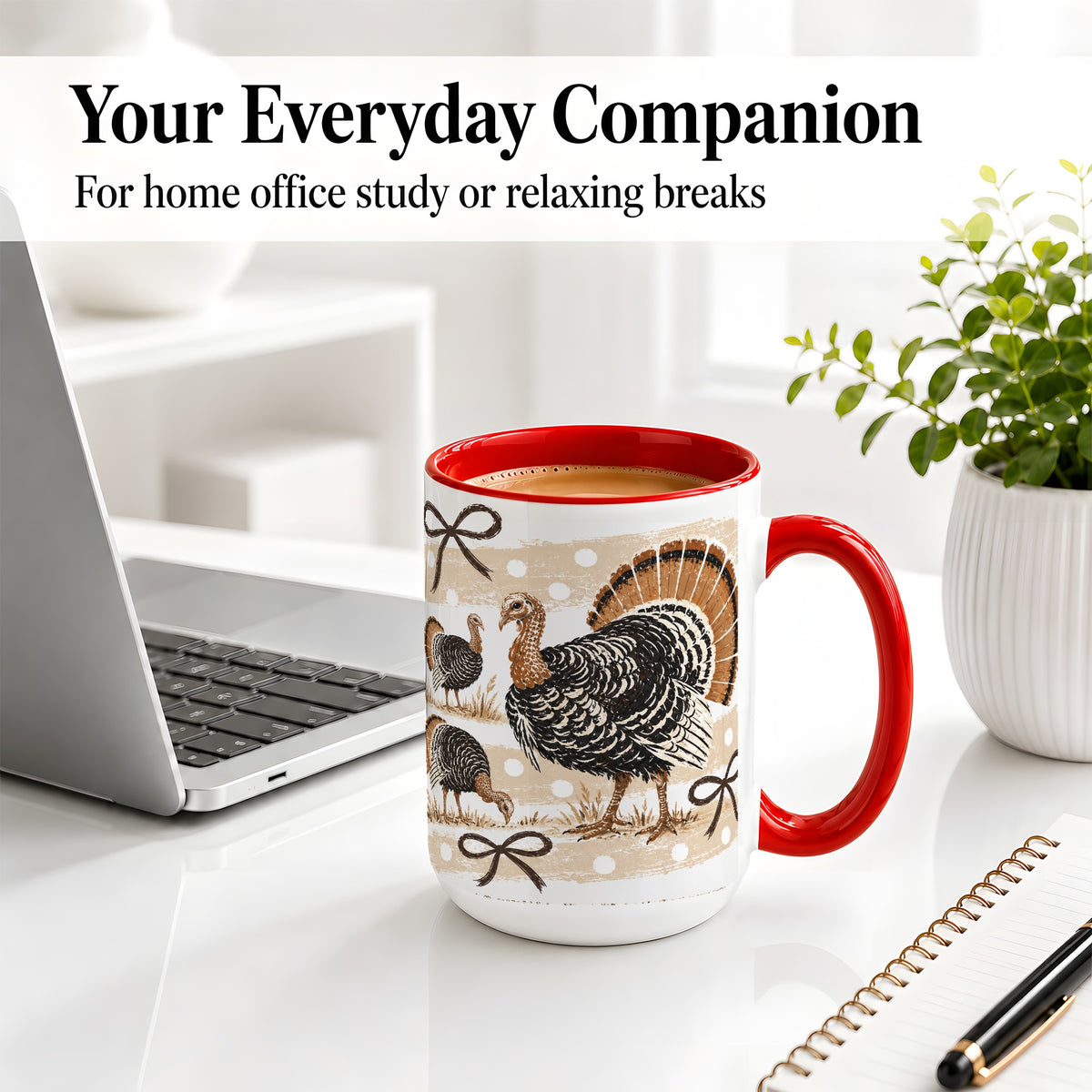 #pl[15oz|Red] Thanksgiving Turkey Ceramic Mug, Rustic Bow Autumn Farm Artwork