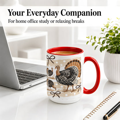 #pl[15oz|Red] Thanksgiving Turkey Ceramic Mug, Rustic Bow Autumn Farm Artwork