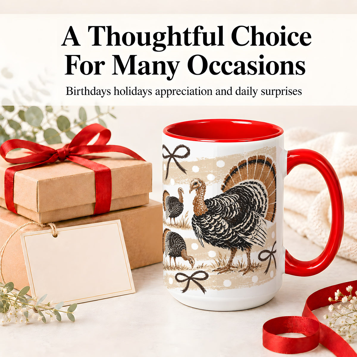 #pl[15oz|Red] Thanksgiving Turkey Ceramic Mug, Rustic Bow Autumn Farm Artwork