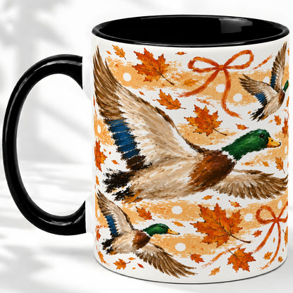 #pl[11oz|Black] Fall Mallard Duck Ceramic Mug, Flying Autumn Leaves Bow Artwork