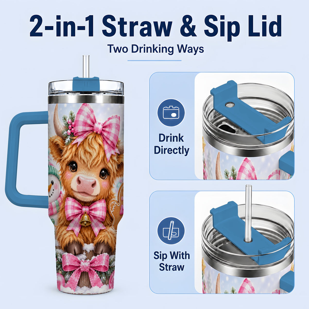 #pl[40oz|Blue] Pink Highland Cow Christmas 40oz Tumbler, Snowman Gingerbread Design