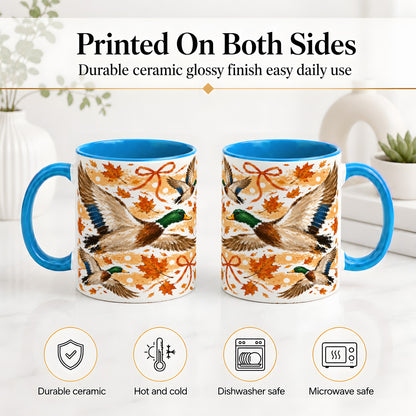 #pl[11oz|Blue] Fall Mallard Duck Ceramic Mug, Flying Autumn Leaves Bow Artwork