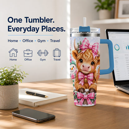#pl[40oz|Blue] Pink Highland Cow Christmas 40oz Tumbler, Snowman Gingerbread Design