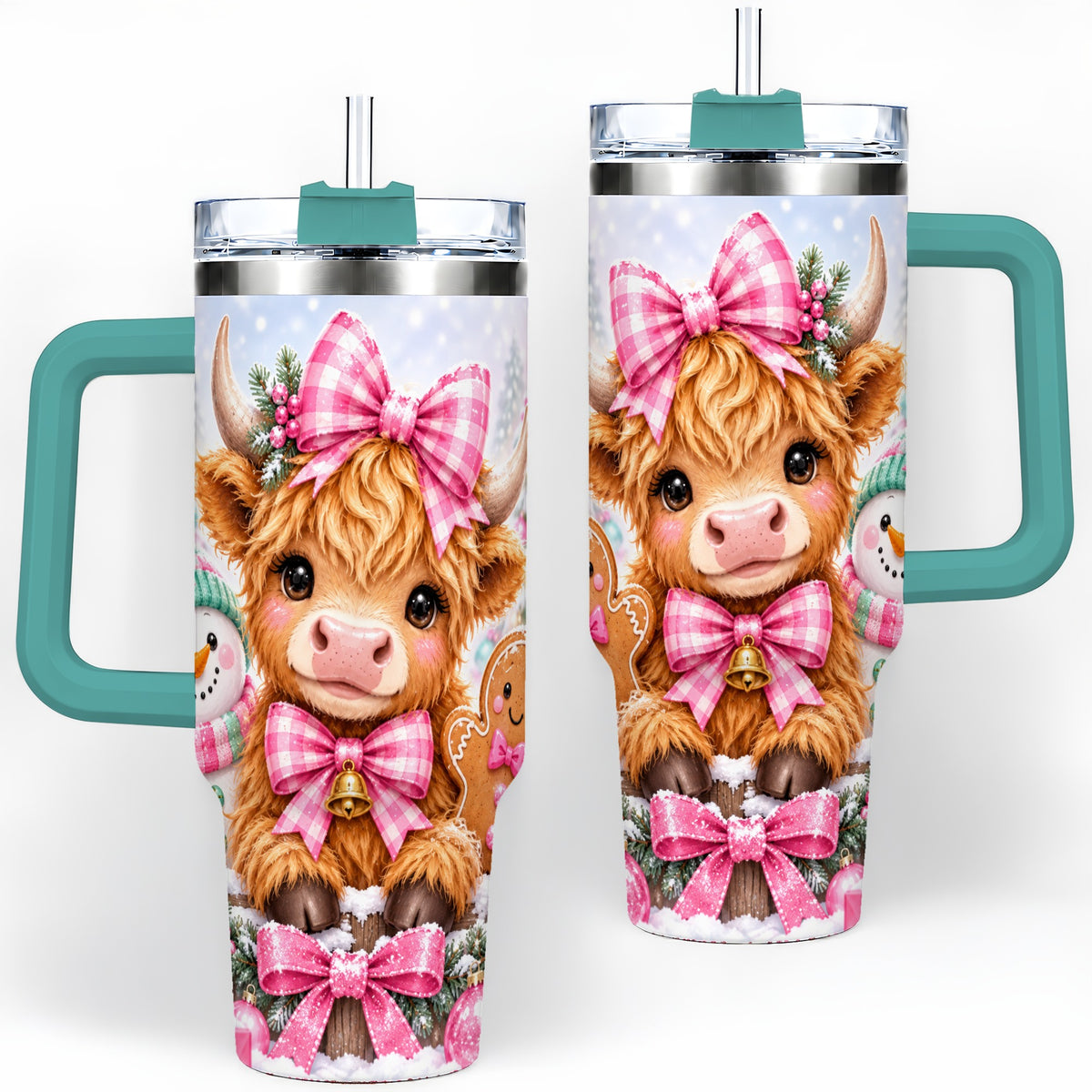 #pl[40oz|Green] Pink Highland Cow Christmas 40oz Tumbler, Snowman Gingerbread Design