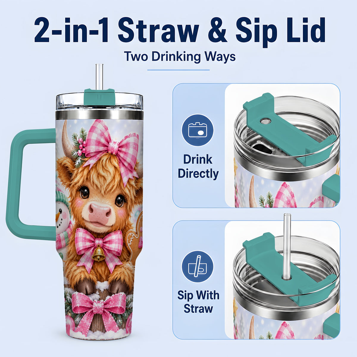 #pl[40oz|Green] Pink Highland Cow Christmas 40oz Tumbler, Snowman Gingerbread Design