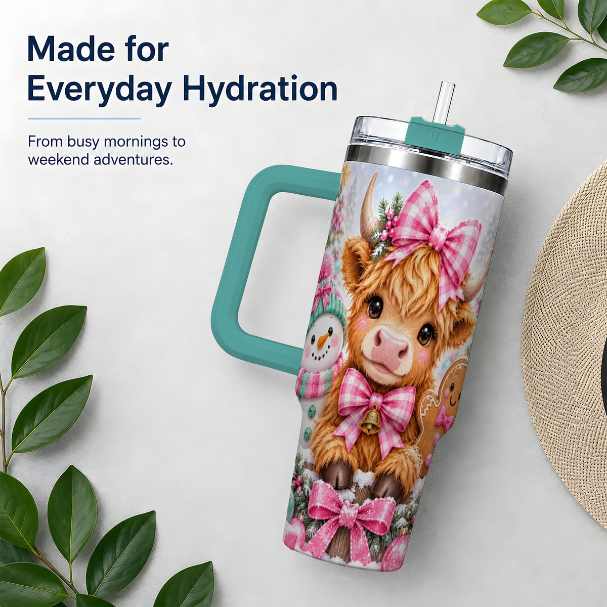 #pl[40oz|Green] Pink Highland Cow Christmas 40oz Tumbler, Snowman Gingerbread Design