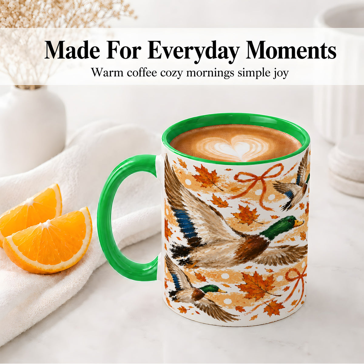 #pl[11oz|Green] Fall Mallard Duck Ceramic Mug, Flying Autumn Leaves Bow Artwork