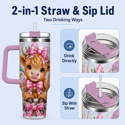 #pl[40oz|Pink] Pink Highland Cow Christmas 40oz Tumbler, Snowman Gingerbread Design