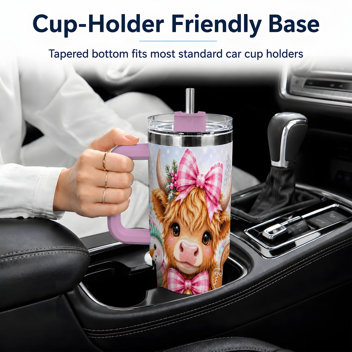 #pl[40oz|Pink] Pink Highland Cow Christmas 40oz Tumbler, Snowman Gingerbread Design