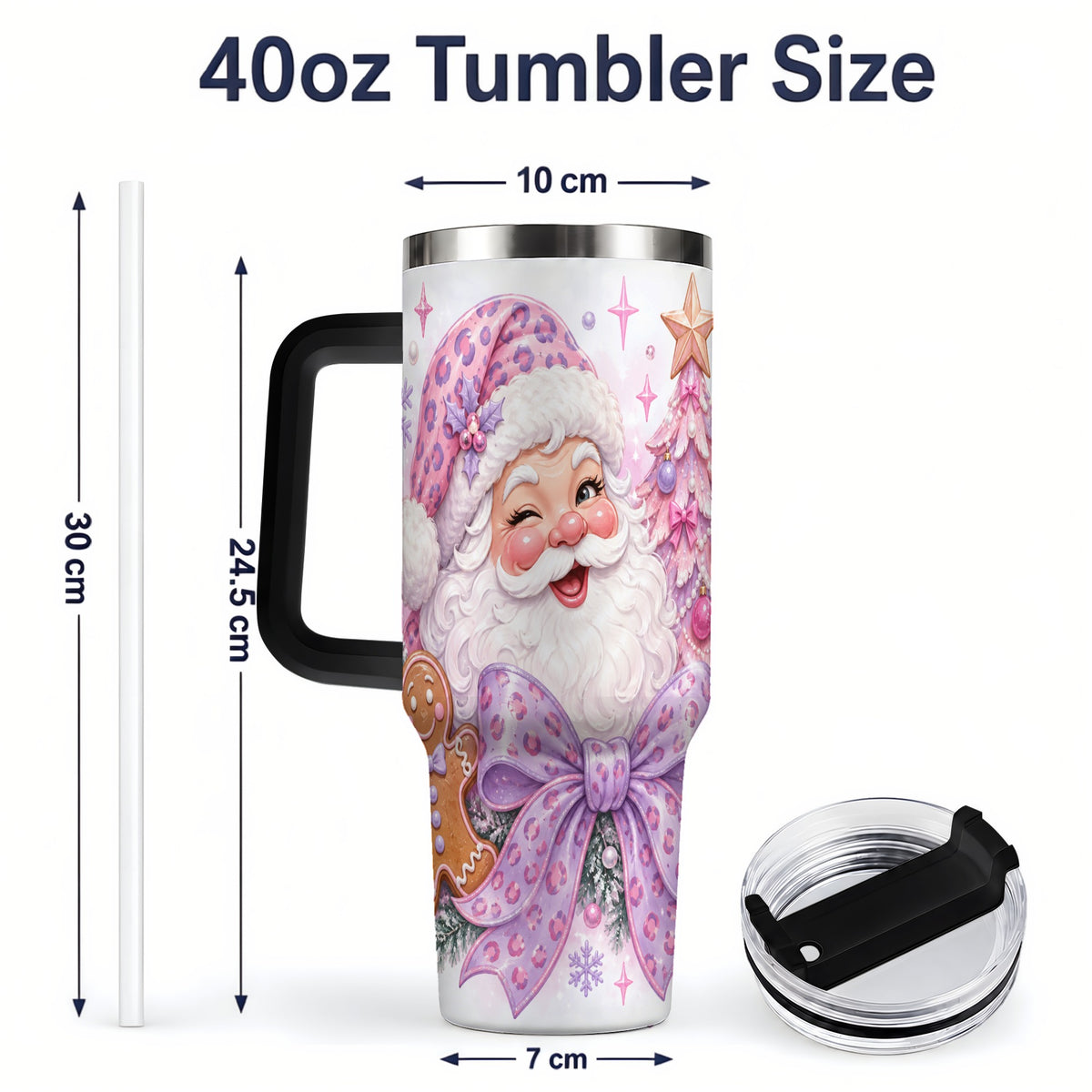 #pl[40oz|Black] Pink Santa Christmas 40oz Tumbler, Gingerbread Leopard Print Bow Design