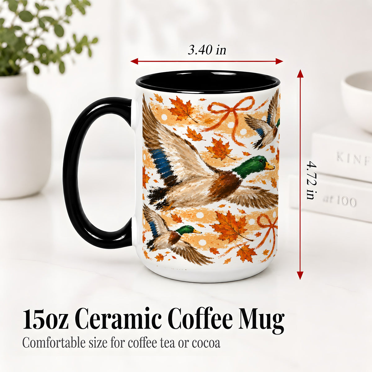 #pl[15oz|Black] Fall Mallard Duck Ceramic Mug, Flying Autumn Leaves Bow Artwork