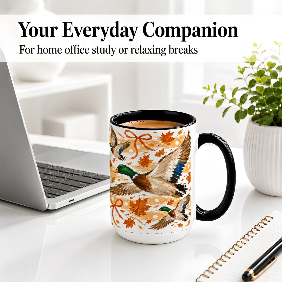 #pl[15oz|Black] Fall Mallard Duck Ceramic Mug, Flying Autumn Leaves Bow Artwork