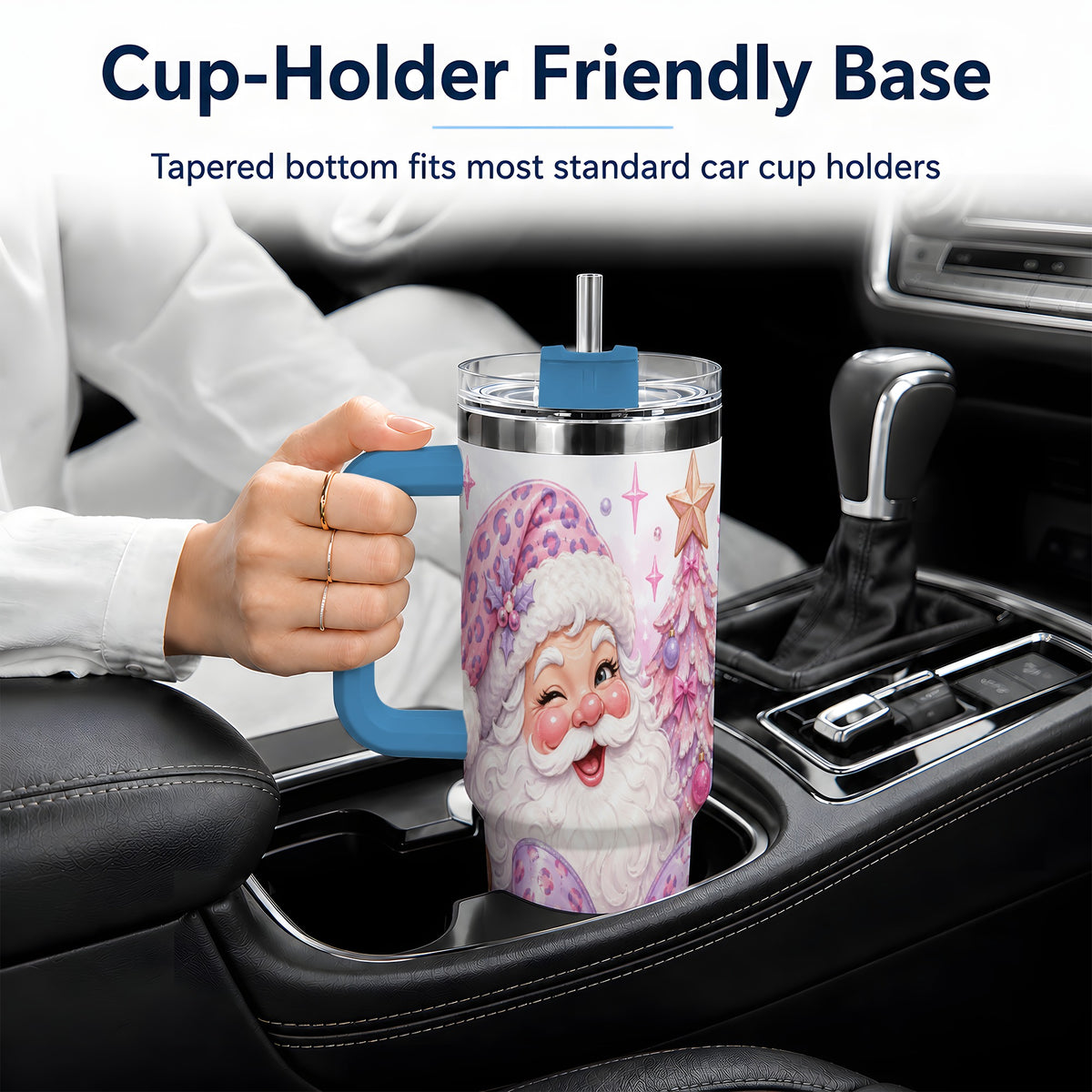 #pl[40oz|Blue] Pink Santa Christmas 40oz Tumbler, Gingerbread Leopard Print Bow Design