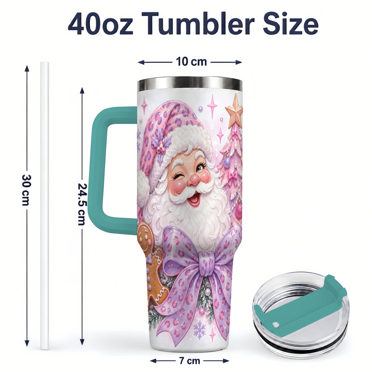 #pl[40oz|Green] Pink Santa Christmas 40oz Tumbler, Gingerbread Leopard Print Bow Design