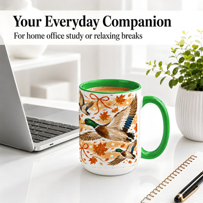 #pl[15oz|Green] Fall Mallard Duck Ceramic Mug, Flying Autumn Leaves Bow Artwork