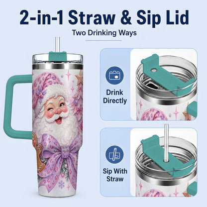 #pl[40oz|Green] Pink Santa Christmas 40oz Tumbler, Gingerbread Leopard Print Bow Design