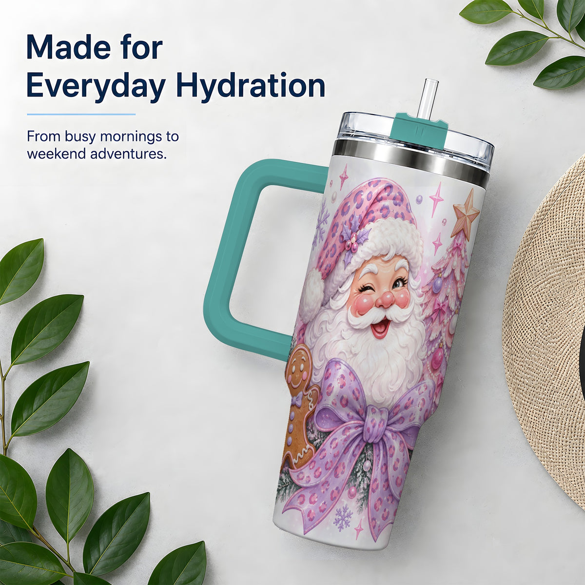 #pl[40oz|Green] Pink Santa Christmas 40oz Tumbler, Gingerbread Leopard Print Bow Design