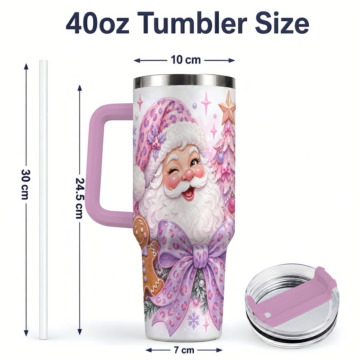 #pl[40oz|Pink] Pink Santa Christmas 40oz Tumbler, Gingerbread Leopard Print Bow Design