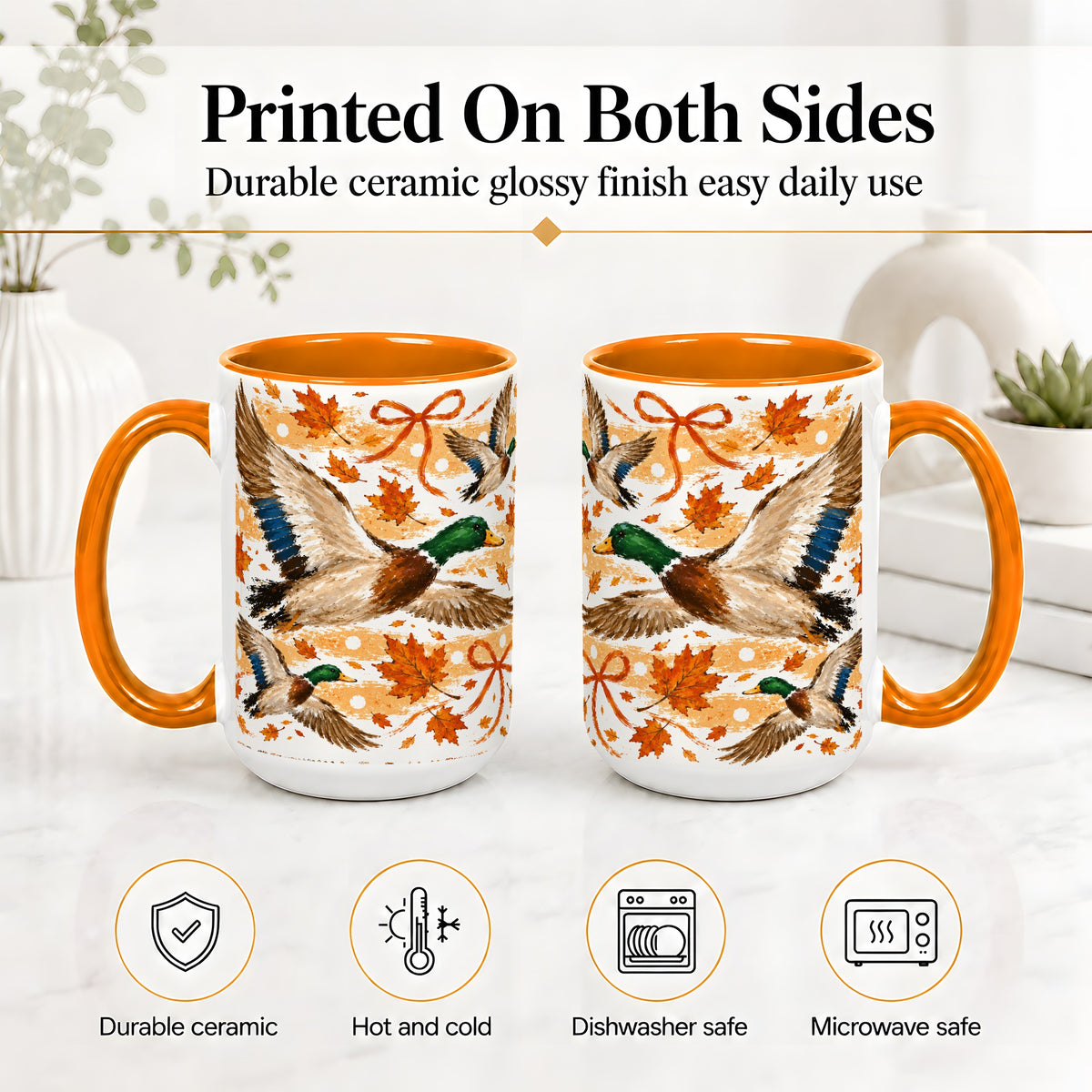 #pl[15oz|Orange] Fall Mallard Duck Ceramic Mug, Flying Autumn Leaves Bow Artwork