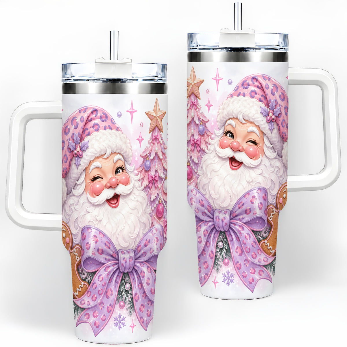 Pink Santa Christmas 40oz Tumbler, Gingerbread Leopard Print Bow Design