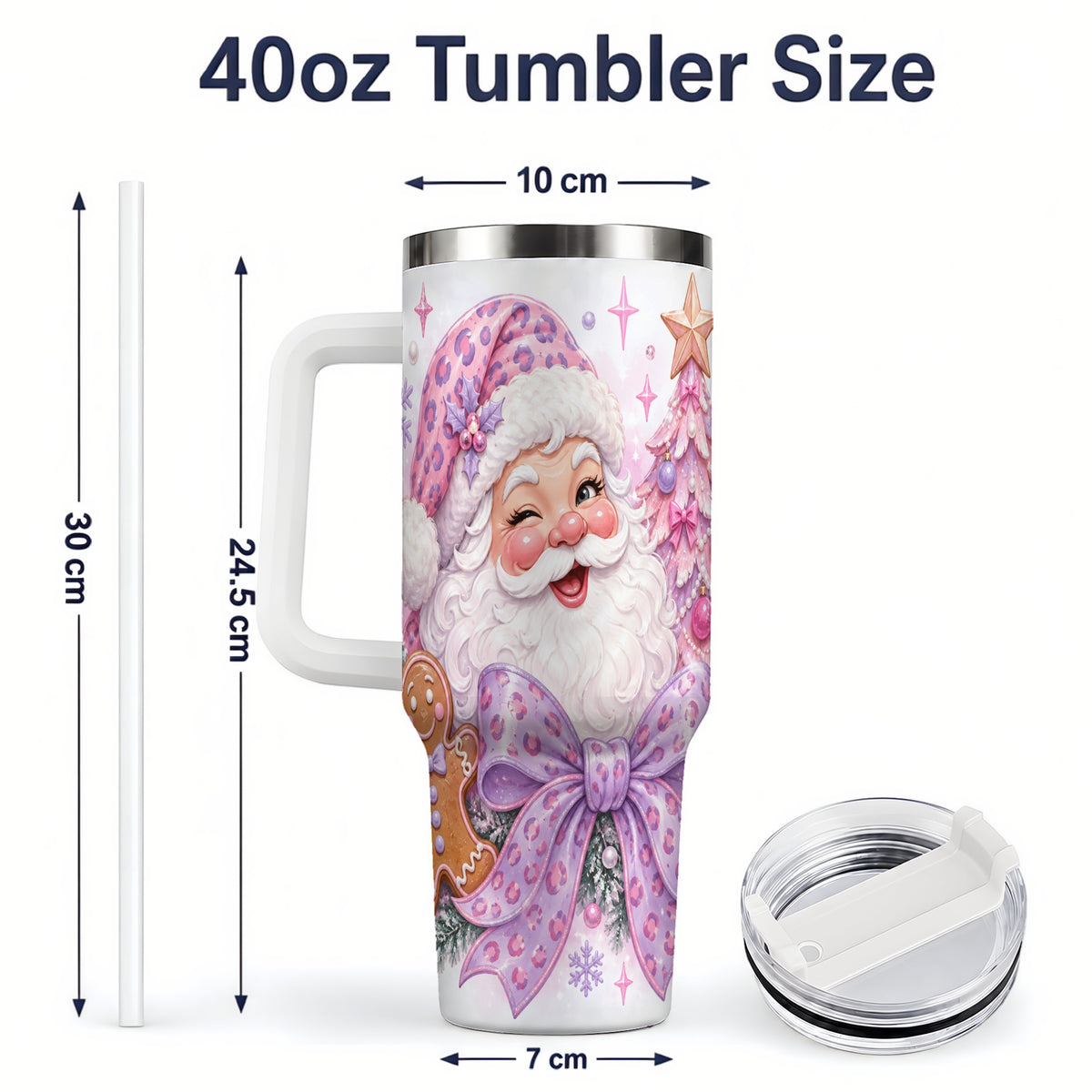#pl[40oz|White] Pink Santa Christmas 40oz Tumbler, Gingerbread Leopard Print Bow Design