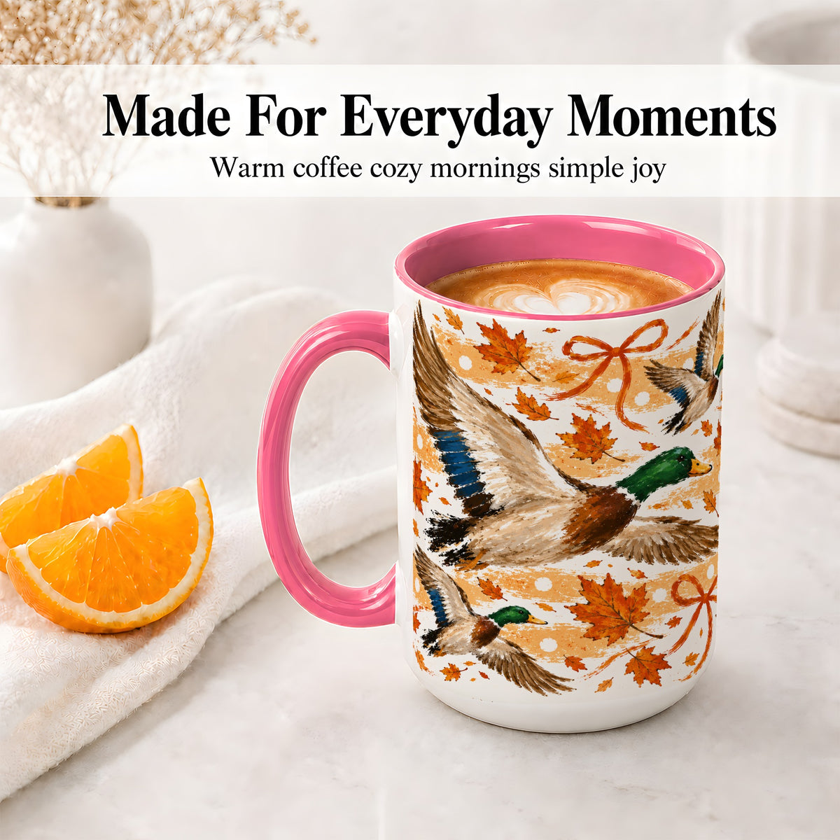 #pl[15oz|Pink] Fall Mallard Duck Ceramic Mug, Flying Autumn Leaves Bow Artwork