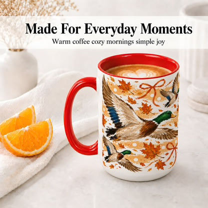 #pl[15oz|Red] Fall Mallard Duck Ceramic Mug, Flying Autumn Leaves Bow Artwork