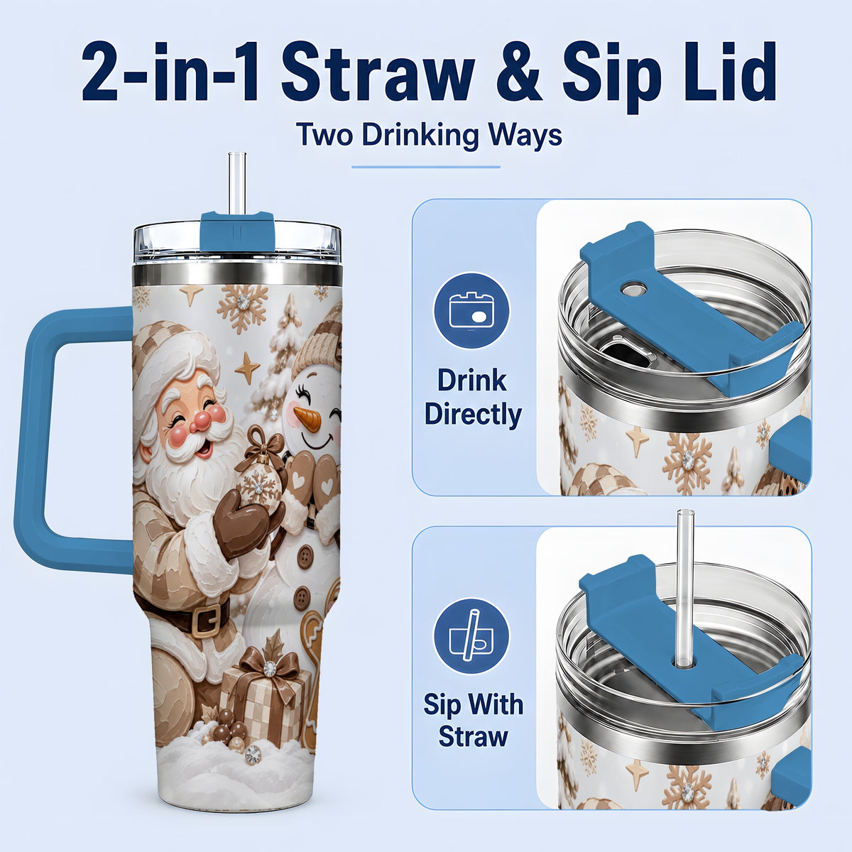 #pl[40oz|Blue] Neutral Christmas Santa 40oz Tumbler with Snowman Holiday Artwork