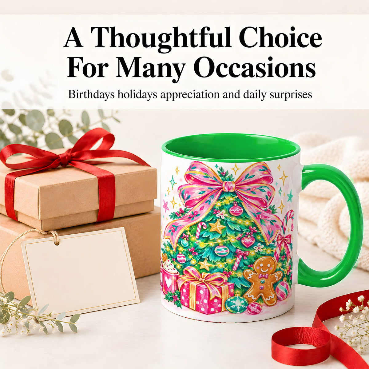#pl[11oz|Green] Pink Bow Christmas Ceramic Mug, Festive Tree Holiday Artwork