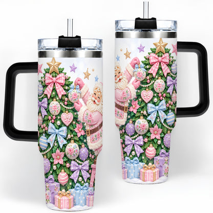 #pl[40oz|Black] Pink Christmas Santa 40oz Tumbler with Pastel Tree Holiday Artwork