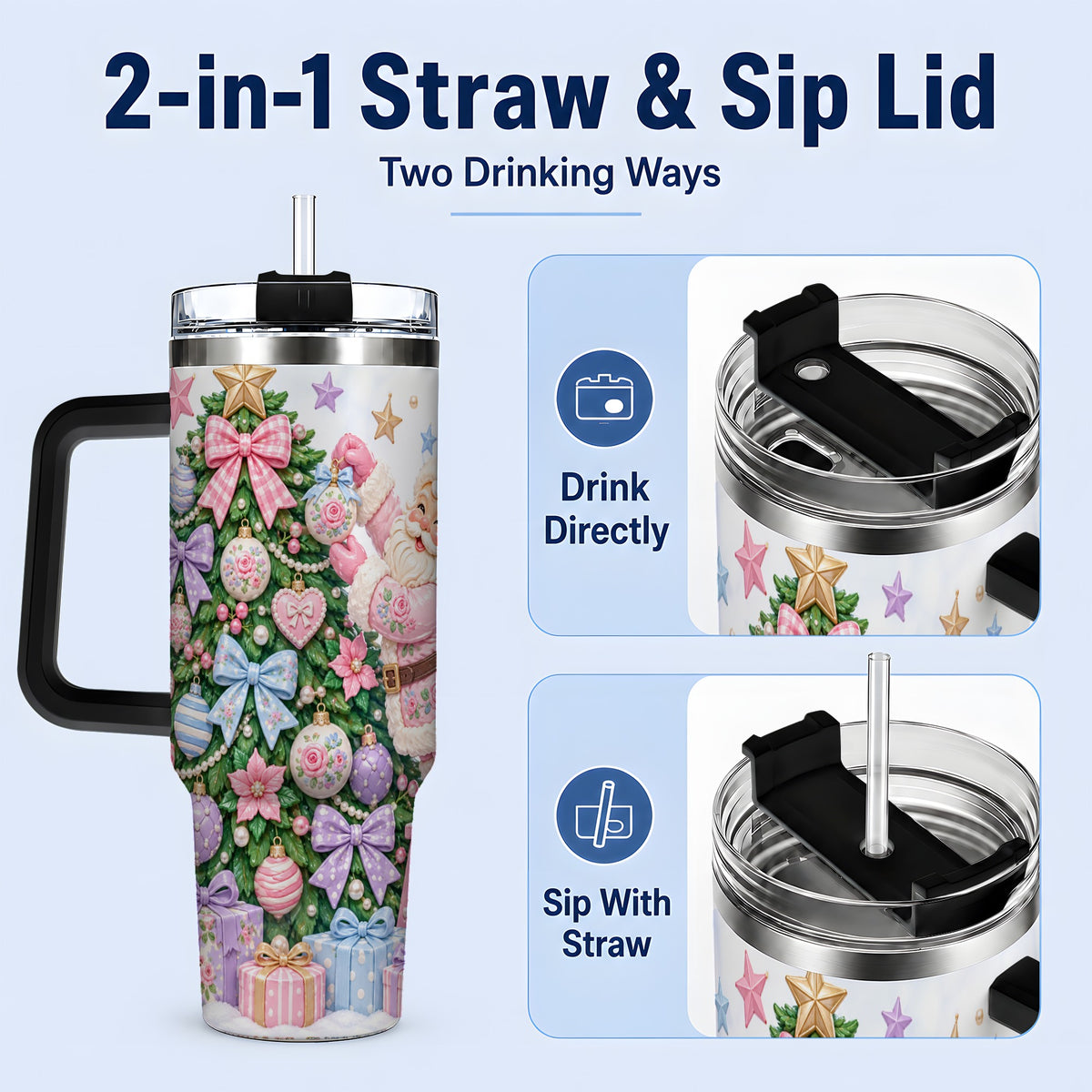 #pl[40oz|Black] Pink Christmas Santa 40oz Tumbler with Pastel Tree Holiday Artwork