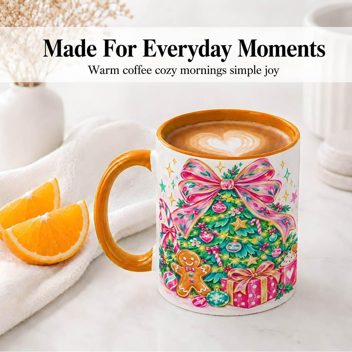 #pl[11oz|Orange] Pink Bow Christmas Ceramic Mug, Festive Tree Holiday Artwork
