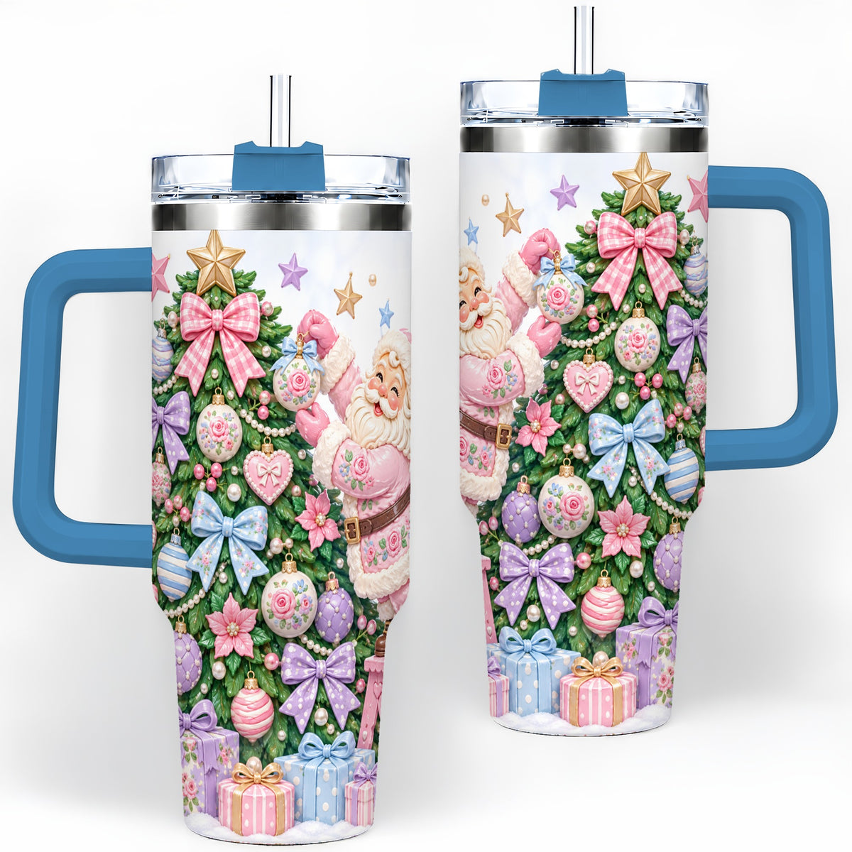 #pl[40oz|Blue] Pink Christmas Santa 40oz Tumbler with Pastel Tree Holiday Artwork