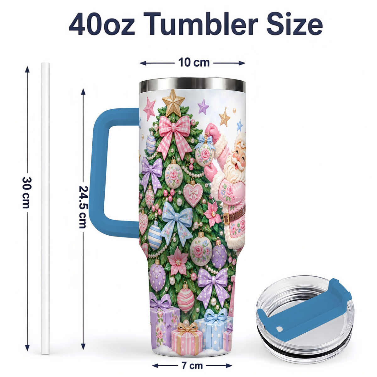 #pl[40oz|Blue] Pink Christmas Santa 40oz Tumbler with Pastel Tree Holiday Artwork