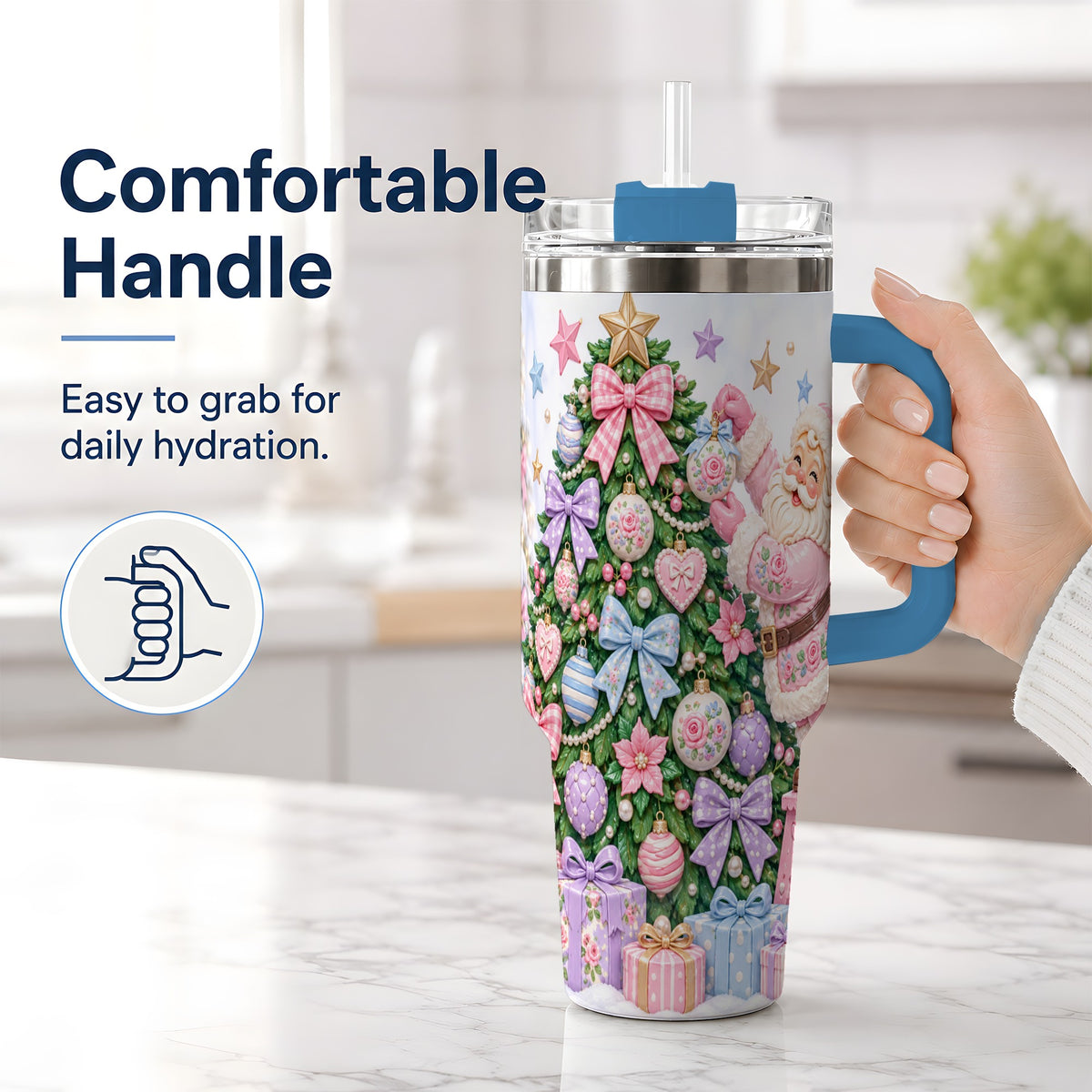 #pl[40oz|Blue] Pink Christmas Santa 40oz Tumbler with Pastel Tree Holiday Artwork