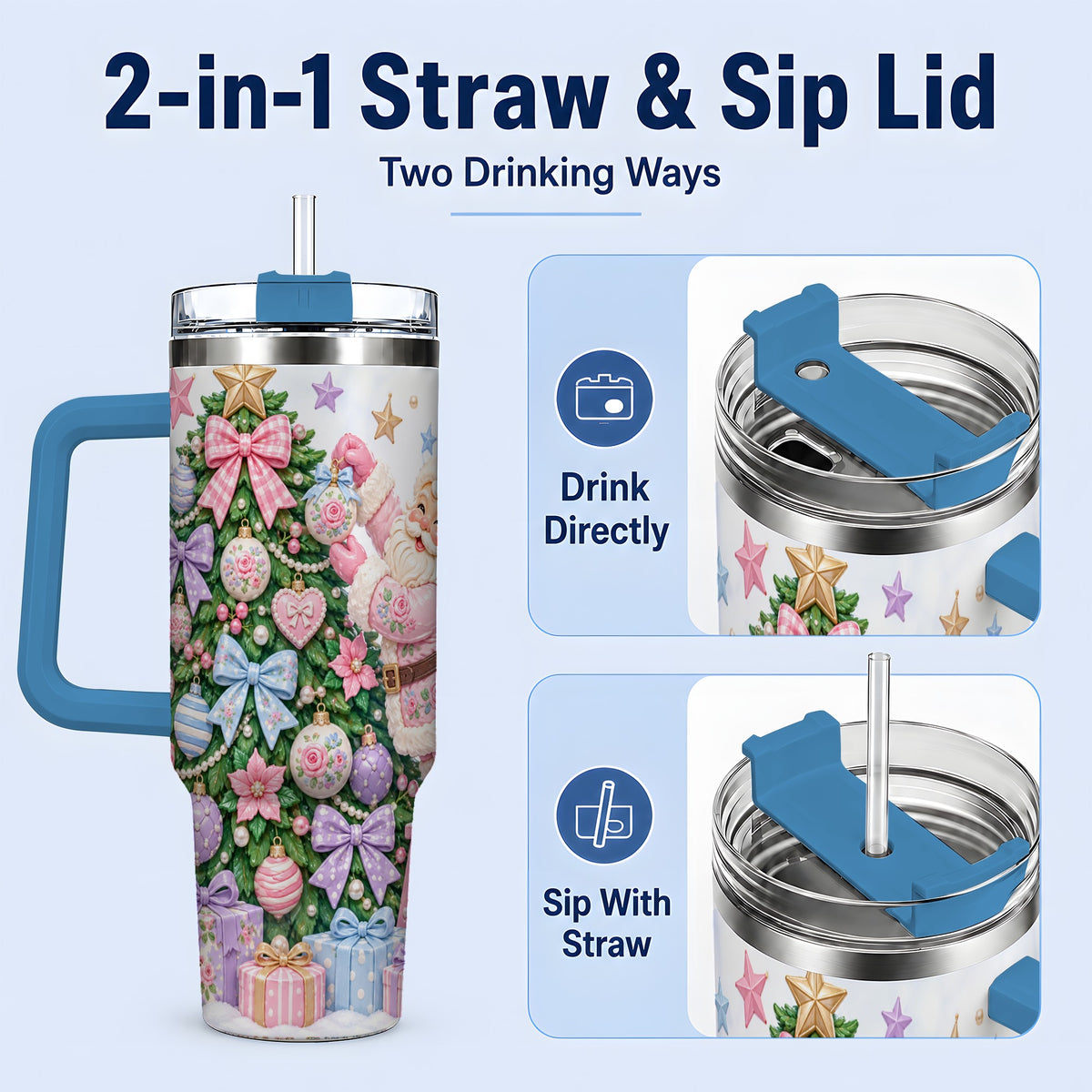 #pl[40oz|Blue] Pink Christmas Santa 40oz Tumbler with Pastel Tree Holiday Artwork