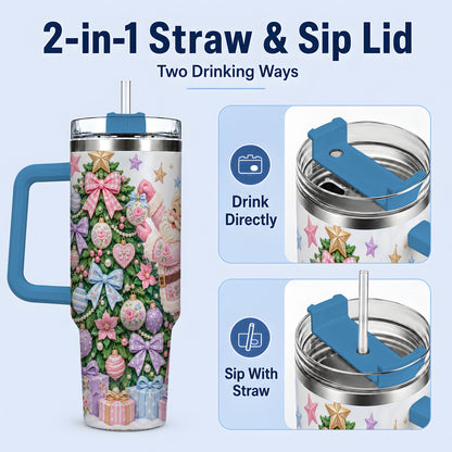 #pl[40oz|Blue] Pink Christmas Santa 40oz Tumbler with Pastel Tree Holiday Artwork