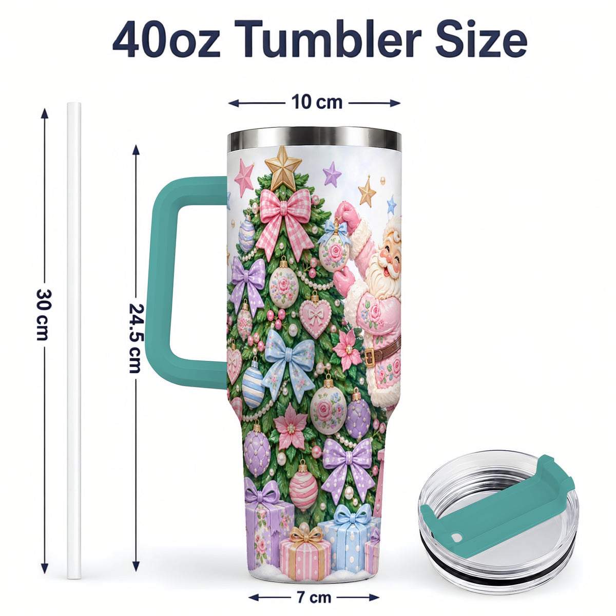 #pl[40oz|Green] Pink Christmas Santa 40oz Tumbler with Pastel Tree Holiday Artwork
