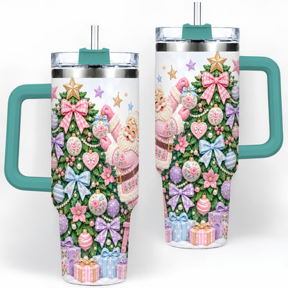 #pl[40oz|Green] Pink Christmas Santa 40oz Tumbler with Pastel Tree Holiday Artwork