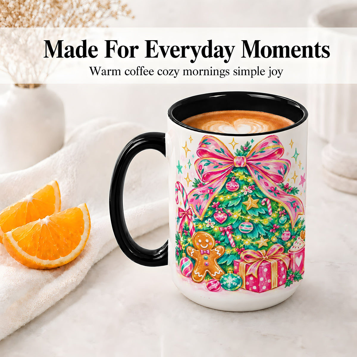 #pl[15oz|Black] Pink Bow Christmas Ceramic Mug, Festive Tree Holiday Artwork
