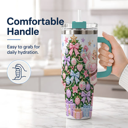 #pl[40oz|Green] Pink Christmas Santa 40oz Tumbler with Pastel Tree Holiday Artwork
