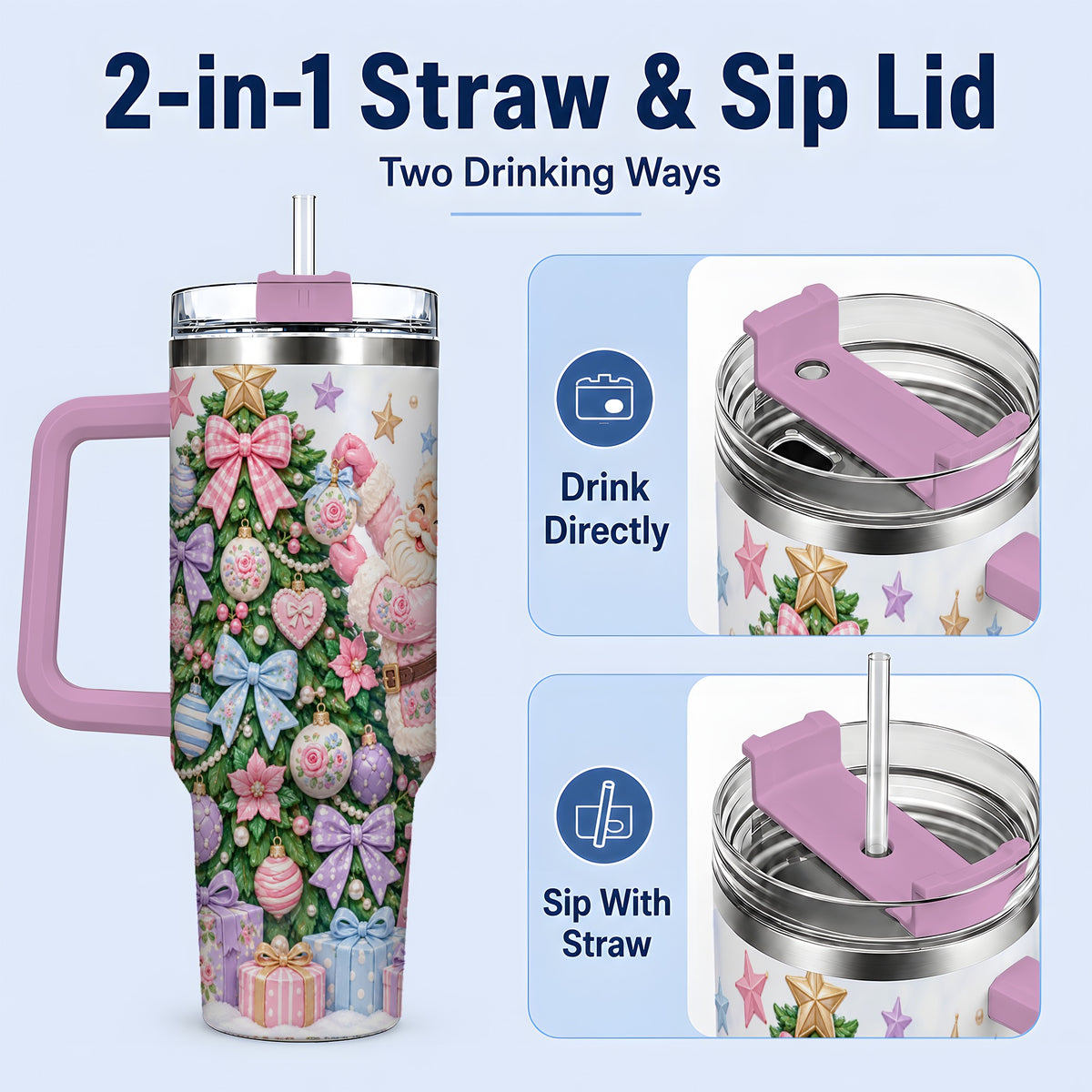 #pl[40oz|Pink] Pink Christmas Santa 40oz Tumbler with Pastel Tree Holiday Artwork