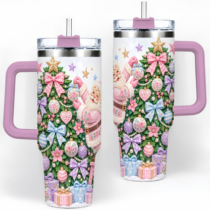 #pl[40oz|Pink] Pink Christmas Santa 40oz Tumbler with Pastel Tree Holiday Artwork